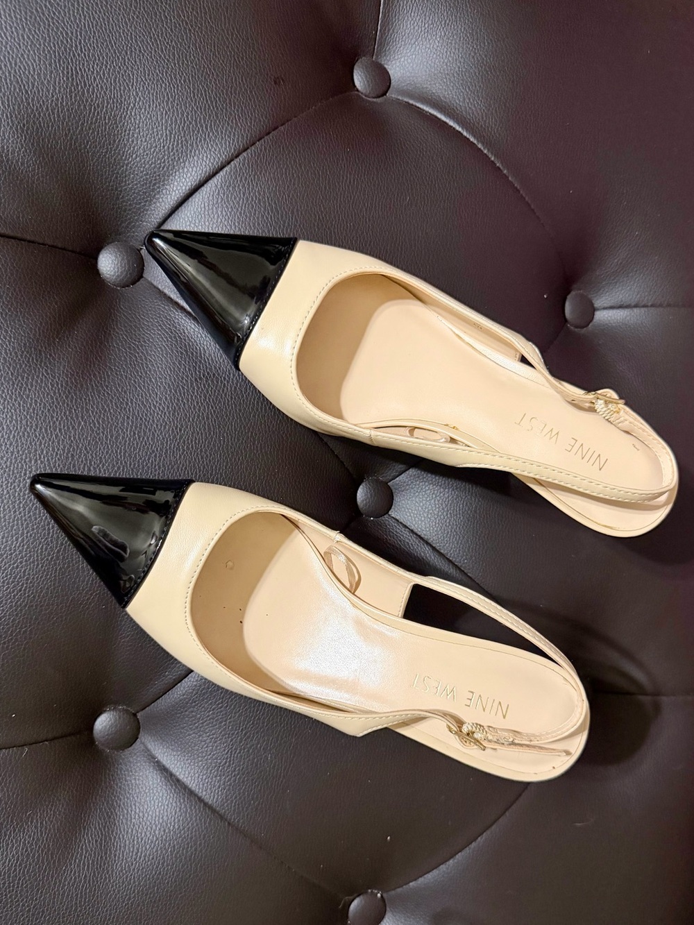 Nine West Beige and Black Pointed-Toe Slingback Pumps